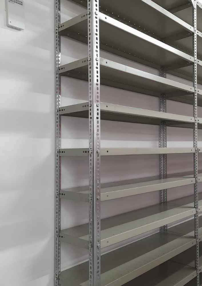 A tall metal shelving unit with multiple levels, designed for efficient storage, provided by Duzi Storage Solutions.