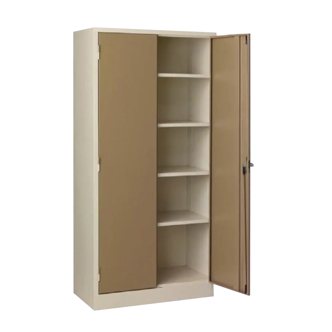 Steel cabinet with multiple shelves and closed doors