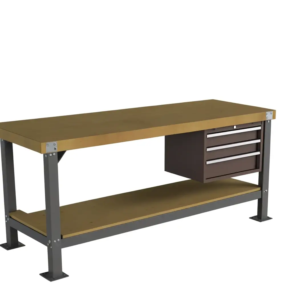 Sturdy industrial workbench with a wooden top and steel legs, featuring drawers and a lower shelf for storage.